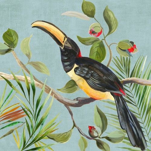 Aimee Wilson, Paradise Toucan II (Vogel, Tukan, Pfefferfresser, Pflanzen, exotisch, Vegetation, Tropisch, Wunschgröße, Malerei, Treppenhaus, Wohnzimmer, bunt)