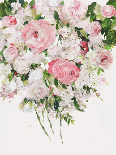 Asia Jensen, Cascading Pink (Wunschgröße, Malerei, Blumen, Rosen, Blüten, Blütenblätter, zart, filigran, Aquarell, Treppenhaus, Esszimmer, Wohnzimmer, Arztpraxis, bunt)
