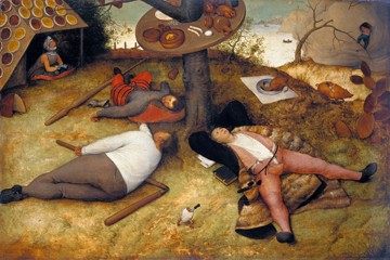 Pieter Brueghel der Ältere, Das Schlaraffenland (Bauern, rustikal, ländlich, Genremalerei, Völlerei, Märchen, Renaissance, Klassiker, Malerei, Wunschgröße, Wohnzimmer, Esszimmer, bunt)