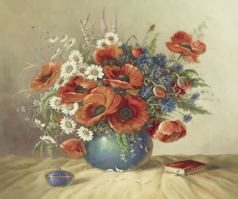 Pila, FRESH POPPIES (Stillleben, traditionell, Blumen, Bouquet, Adaption, alte Meister, üppig, Vanitad, Vergänglichkeit, Malerei, zeitgenössisch, Nostalgie, Esszimmer, Wohnzimmer,)
