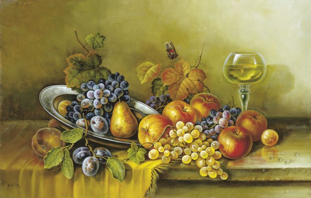 Pila, FRUITS AND A GLASS OF WINE (Stillleben,traditionell, Wein, Weinglas, Trauben, Herbst, üppig, Obst, Malerei, zeitgenössisch, Nostalgie, Esszimmer, Küche,)