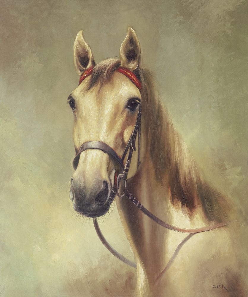 Pila, I AM THE KING (Pferd, Pferdekopf, Schimmel, Tierportrait, naturalistisch, Zaumzeug, zeitgenössisch, Treppenhaus, Wohnzimmer)