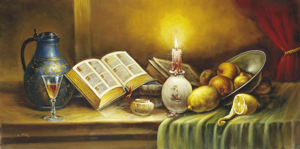 Pila, Silent Hours I (Stillleben,traditionell, Bücher, Kerze, Krug, Obst, Malerei, zeitgenössisch, Nostalgie, Esszimmer, Küche,)