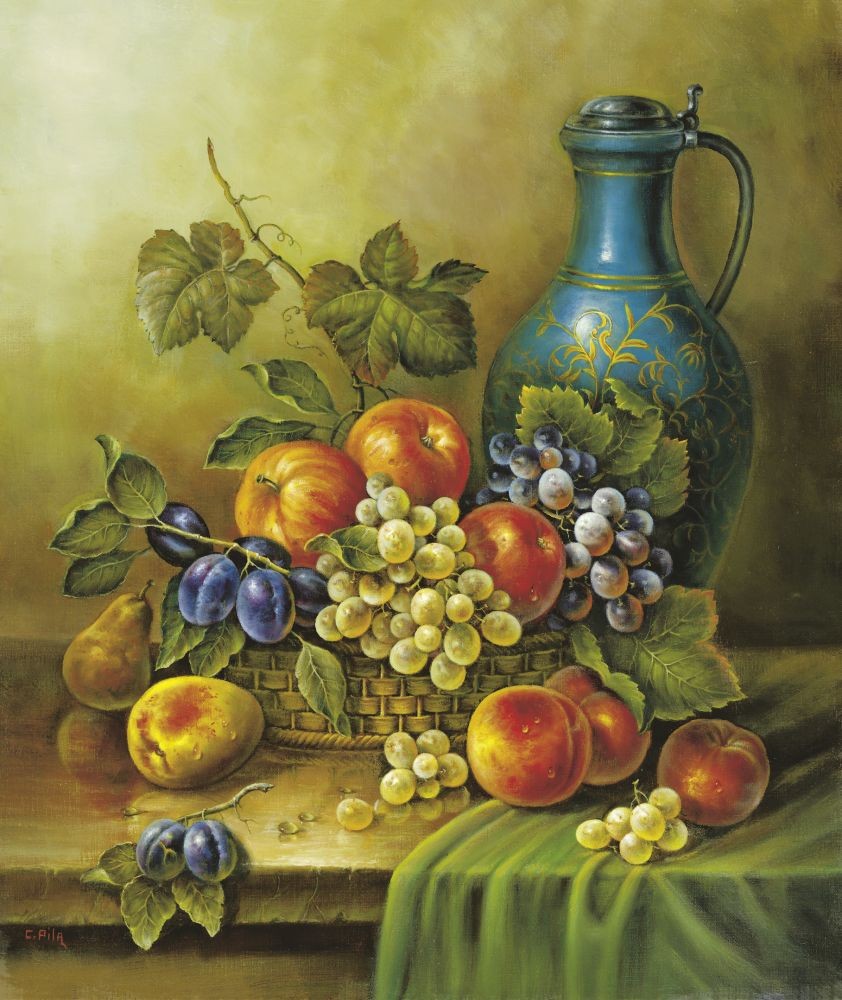 Pila, STILL LIFE WITH MUG (Stillleben,traditionell, Wein, Weinkrug, Trauben, Herbst, üppig, Obst, Malerei, zeitgenössisch, Nostalgie, Esszimmer, Küche,)