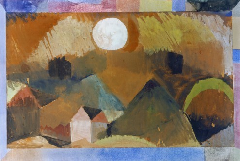 Paul Klee, Landschaft mit Rot mit weißem (Expressionismus, Häuser,  Landschaft, Mond, Nachtszene, Haus,  Klassische Moderne, Schlafzimmer, Wohnzimmer,  Wunschgröße, Malerei,  bunt)