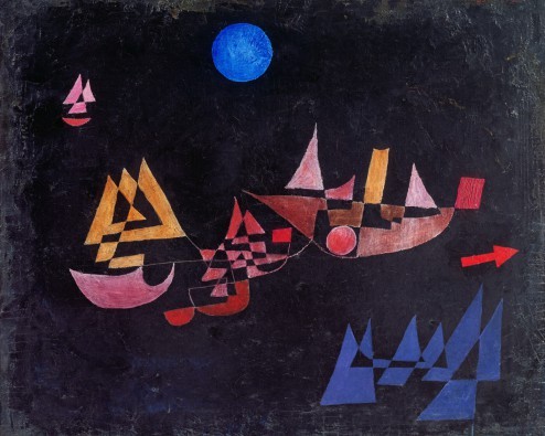 Paul Klee, Abfahrt der Schiffe (Segelschiffe,  Abenteuerschiffe, geometrische Formen, Primitivismus, Klassische Moderne, Schlafzimmer, Wohnzimmer, Arztpraxis, Wunschgröße, Malerei, bunt)