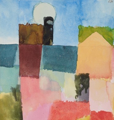 Paul Klee, Mondaufgang (Malerei, Konstruktivismus,  geometrische Formen, Häuser, Mond,Farbflächen, Klassische Moderne,  Wohnzimmer, Arztpraxis, Büro, Business, bunt)