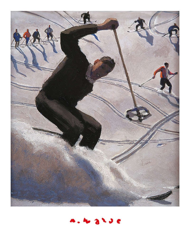 Alfons Walde, Kristiania - Der Schwung (Malerei, Natur, Winterlandschaft, Wintersport, Skifahrer, Schnee, Sonnenlicht, Secessionismus, klassische Moderne, Wohnzimmer, Treppenhaus, bunt)
