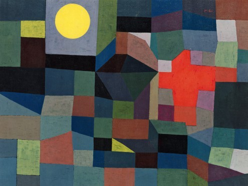 Paul Klee, Feuer bei Vollmond (Malerei, abstrakte Malerei, Landschaft, Farbfelder, Mond, Ornamente, geometrische Muster, Klassische Moderne, Schlafzimmer, Wohnzimmer, Arztpraxis, Büro, bunt)