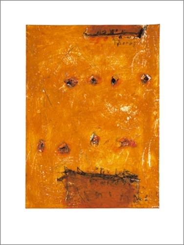 Plato E. PAPASTAMOS, Untitled (yellow) (Abstrakte Kunst, Malerei, modern, grob, Farbfelder, Löcher, Wohnzimmer, Treppenhaus, Büro, goldgelb)