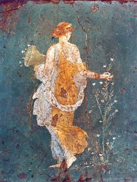 Pompeji, Flora mit dem Füllhorm (Antike Kunst, Wandmalerei, römisch, Pompeji, Flora, Frühling, Blumen, Frau, Rückenansicht, Götter,  Archäologie, Esszimmer, Wohnzimmer, Treppenhaus, Arztpraxis,  bunt)