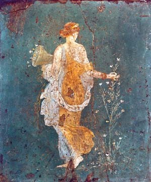 Pompeji, Flora mit dem Füllhorm (Antike Kunst, Wandmalerei, römisch, Pompeji, Flora, Frühling, Blumen, Frau, Rückenansicht, Götter,  Archäologie, Esszimmer, Wohnzimmer, Treppenhaus, Arztpraxis,  bunt)