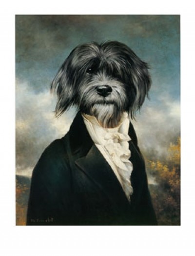 Thierry Poncelet, Gavroche (Hund, Straßenhund, Les Miserables, Victor Hugo, Eleganz,  Humor, Tierportrait, Anthropomorphismus, Malerei,   Wohnzimmer, Treppenhaus, bunt)