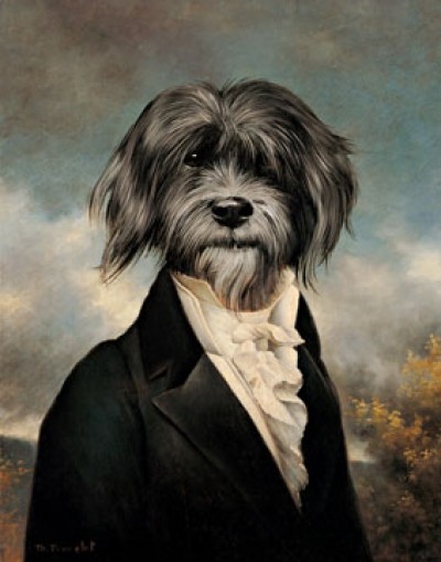 Thierry Poncelet, Gavroche (Hund, Straßenhund, Les Miserables, Victor Hugo, Eleganz,  Humor, Tierportrait, Anthropomorphismus, Malerei,   Wohnzimmer, Treppenhaus, bunt)