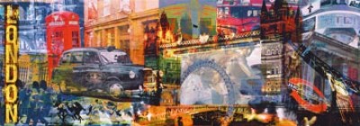 Saskia Porkay, London (Collage, Gebäude, Sehenswürdigkeiten, Taxi, Oldtimer, London, London eye, Städte, Metropole, Plakatkunst, Fotokunst, Wohnzimmer, Jugendzimmer)