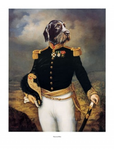 Thierry Poncelet, Ceremonial Dress (Schnauzer, Hund, Uniform, Zeremonie, Eleganz,  witzig, Humor, Tierportrait, Anthropomorphismus, Malerei,   Wohnzimmer,Treppenhaus, bunt)