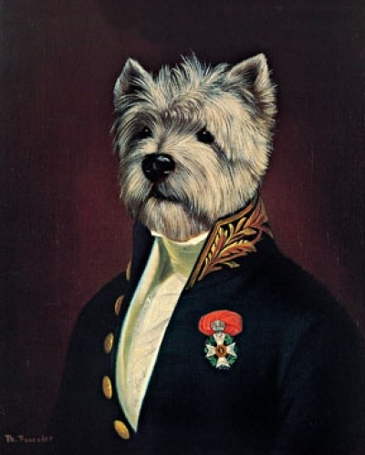 Thierry Poncelet, The Officer's Mess (Terrier, Hund, Uniform,  Eleganz, witzig, Humor, Tierportrait, Anthropomorphismus, Malerei,   Wohnzimmer,Treppenhaus, bunt)