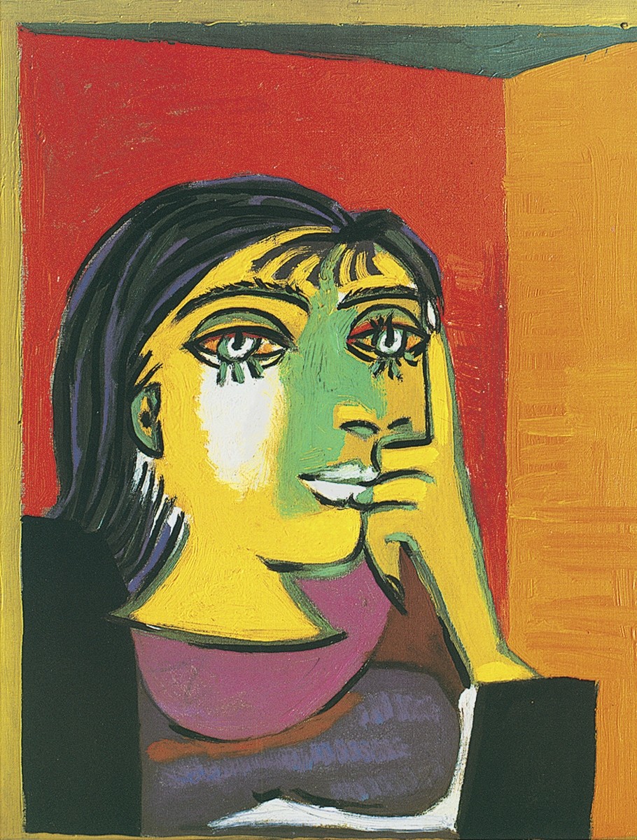 Pablo Picasso, Portrait of Dora Maar (Klassische Moderne, Malerei, Kubismus, Frau, Portrait, nachdenklich, geometrische Formen, Schlafzimmer, Wohnzimmer, Treppenhaus, Arztpraxis, bunt)