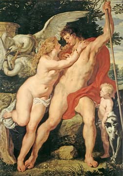 Peter Paul Rubens, Venus und Adonis (Göttin, Schönling, Aktmalerei, üppig, Jagdhund, Schwan, Mythologie, Barock, Klassiker, Malerei, Schlafzimmer, Treppenhaus, Wohnzimmer, Wunschgröße, bunt)