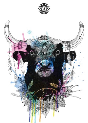 Karin Roberts, Bull (Stier, Bulle, Hörner, Tierportrait, Zeichnung, Farbklekse, modern, Stilmix, Kreisornament, Treppenhaus, Wohnzimmer, Wunschgröße, bunt)
