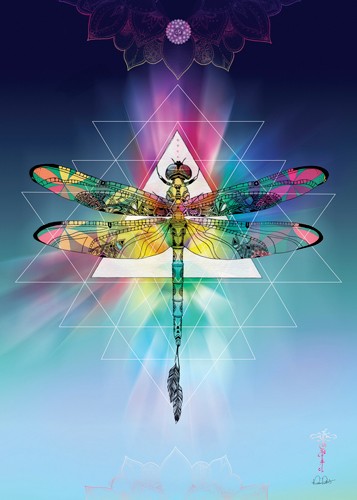 Karin Roberts, Cosmic Dragonfly (Libelle, Insekt, Sterne, geometrische Ornamente, kosmisch, leuchtend, Tierportrait, Malerei, modern, Stilmix,  Treppenhaus, Wohnzimmer, Jugendzimmer, Wunschgröße, bunt)