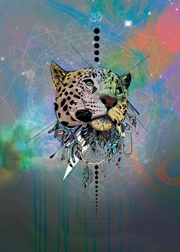 Karin Roberts, Cosmic Leopard (Leopard, Traumfänger, Federn, geometrische Ornamente, kosmisch, leuchtend, Tierportrait, Malerei, modern, Stilmix,  Treppenhaus, Wohnzimmer, Jugendzimmer, Wunschgröße, bunt)