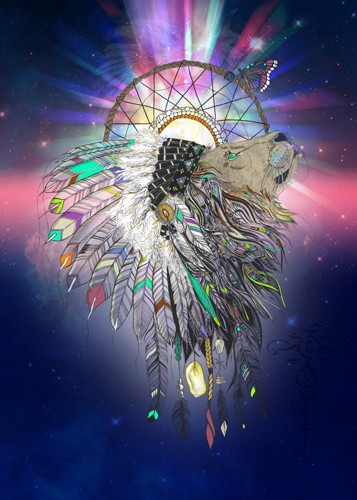 Karin Roberts, Cosmic Lion Butterfly (Traumfänger, Löwe, Schmetterling, Federn, indianisch, kosmisch, leuchtend, Tierportrait,  Malerei, modern, Stilmix,  Treppenhaus, Wohnzimmer, Jugendzimmer, Wunschgröße, bunt)