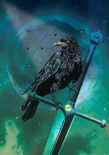 Karin Roberts, Cosmic Raven (Rabe, Schwert, Vogel, eometrisches Muster, kosmisch, leuchtend, Tierportrait,  Malerei, modern, Stilmix,  Treppenhaus, Wohnzimmer, Jugendzimmer, Wunschgröße, türkis)