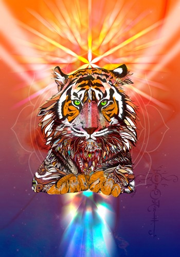 Karin Roberts, Cosmic Tiger (Tiger, Raubkatze, kosmisch, leuchtend, Tierportrait,  Malerei, modern, Stilmix,  Treppenhaus, Wohnzimmer, Jugendzimmer, Wunschgröße, bunt)