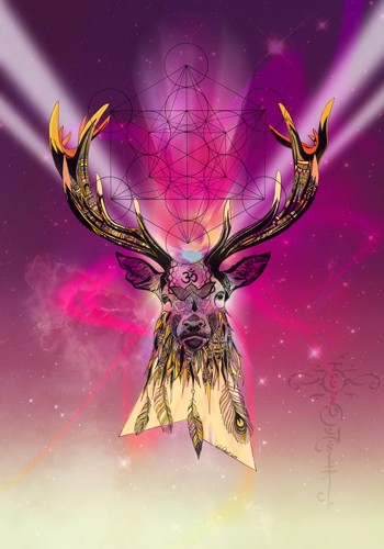 Karin Roberts, Cosmic Stag (Hirsch, Geweih, majestätisch, kosmisch, leuchtend, geometrische Muster, Tierportrait,  Malerei, modern, Stilmix,  Treppenhaus, Wohnzimmer, Jugendzimmer, Wunschgröße, bunt)