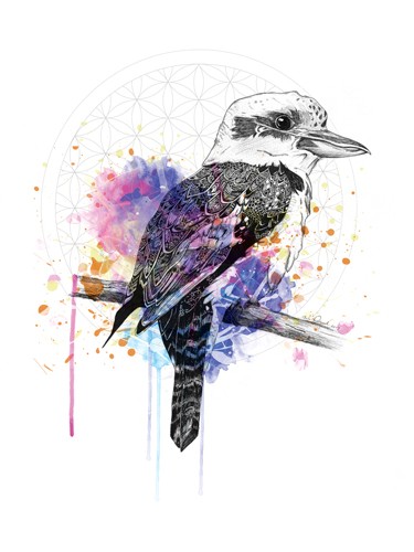 Karin Roberts, Kookaburra (Jägerlieste, Eisvogel, Vogel, Zeichnung, Tierportrait, Farbklekse, modern, Stilmix, Kreisornament, Treppenhaus, Wohnzimmer, Wunschgröße, bunt)