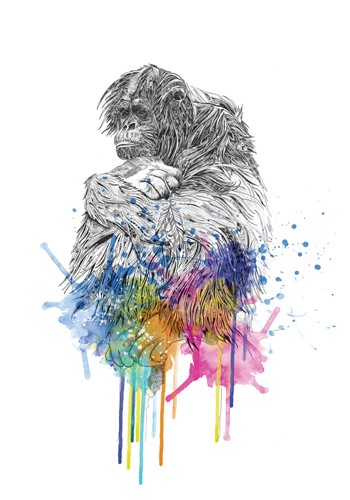 Karin Roberts, Orangutan (Affe, Prang Utan, Tierportrait, Zeichnung, Farbklekse, modern, Stilmix, Treppenhaus, Wohnzimmer, Wunschgröße, bunt)