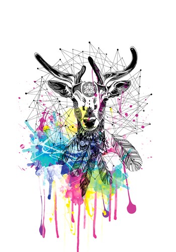 Karin Roberts, Deer (Hirsch, Federn, Tierportrait, Zeichnung, Farbklekse, geometeische Muster, modern, Stilmix,  Treppenhaus, Wohnzimmer, Wunschgröße, bunt)