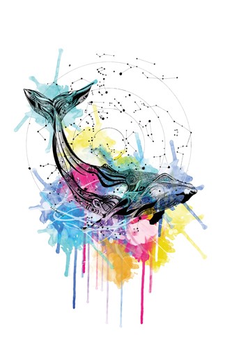 Karin Roberts, Whale (Wal, Meerestier, Tierportrait, Zeichnung, Farbklekse, modern, Stilmix, Kreisornament, Sternzeichen, Kosmos, Treppenhaus, Wohnzimmer, Wunschgröße, bunt)