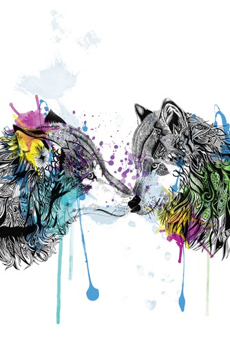 Karin Roberts, Wolves (Wölfe, Tierportrait, Zeichnung, Farbklekse, modern, Stilmix,  Treppenhaus, Wohnzimmer, Wunschgröße, bunt)