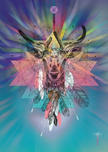 Karin Roberts, Cosmic Deer (Hirsch, Geweih, Sterne, geometrische Ornamente, kosmisch, leuchtend, Tierportrait, Zeichnung, Malerei, modern, Stilmix,  Treppenhaus, Wohnzimmer, Jugendzimmer, Wunschgröße, bunt)
