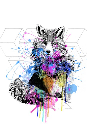 Karin Roberts, Fox (Fuchs, Zeichnung, Farbklekse, Tierportrait, modern, Stilmix, geometrische Ornamente, Treppenhaus, Wohnzimmer, Wunschgröße, bunt)