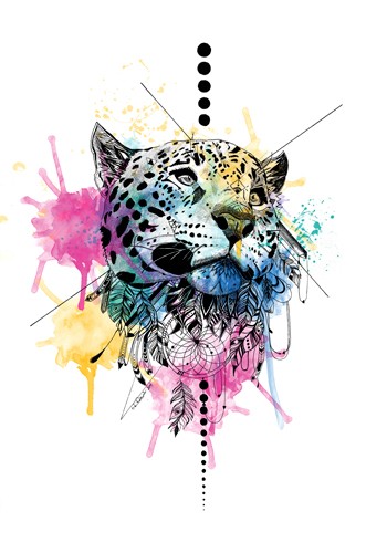 Karin Roberts, Leopard (Leopard, Tierportrait, Zeichnung, Farbklekse, modern, Stilmix, Punkte, Treppenhaus, Wohnzimmer, Wunschgröße, bunt)