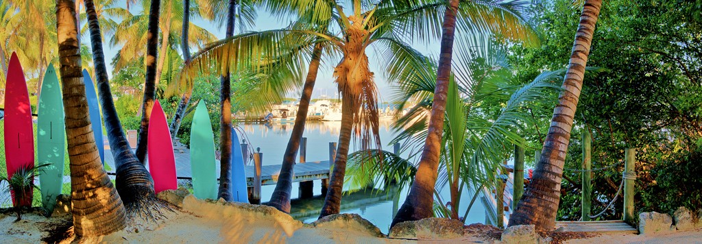 Jack Reed, Island Style (Strand, Sand, Palmen, Surfbretter, Meer, Urlaub, moderne Malerei, Wohnzimmer,  Wunschgröße,)