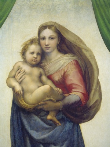 Raffael, Maria mit dem Kind (Klassiker, Sixtinische Madonna, Maria, Christuskind, Religion, Christlich, Renaissance, Malerei, Wohnzimmer, Schlafzimmer, Treppenhaus, Wunschgröße, bunt)