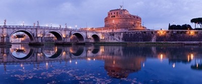 Rainer Mirau, Rom II (Engelsburg, Bauwerk, Fluss, Tiber, Rom, Hauptstadt,Brücke, Reflexionen, Metropole, Italien, Architektur, Städte, Fotografie, Abendszene, Wunschgröße, Wohnzimmer, Büro, bunt)