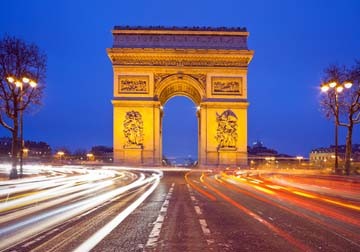 Rainer Mirau, Paris IV (Paris,Triumpfbogen,  Arc de Triomphe de l'Étoile, Champs Éllysées,  Abendszene, Beleuchtung, Städte, Architektur, Fotokunst,  Wunschgröße, Wohnzimmer, Büro, bunt)