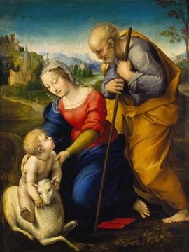 Raffael         , Die heilige Familie mit Lamm (Klassiker Maria, Joseph, Lamm, Christus, Jesuskind, Heilige Familie, REligion, christlich, Renaissance, Malerei, Wunschgröße, Wohnzimmer, Schlafzimmer, bunt)