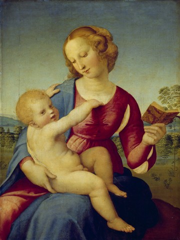 Raffael, Maria mit dem Christuskind (Klassiker, Maria, Christuskind, Garten, Religion, Christlich, Renaissance, Malerei, Wohnzimmer, Schlafzimmer, Treppenhaus, Wunschgröße, bunt)