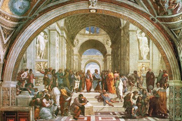 Raffael, La scuola di Atene (Schule von Athen, Platon, Aristoteles, Denker, Philosophen, Renaissance, Klassiker, Fresko, Vatikan, Stanza della segnatura, Malerei, Wohnzimmer, Schlafzimmer, bunt)