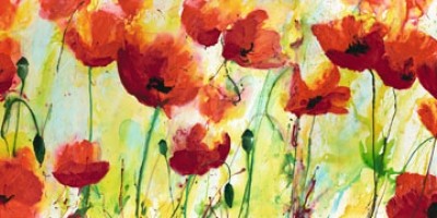 Heidi Reil, Mohnfeld (Blumen, Mohnblumen, Mohnblüten, Floral, Aquarell, transparent, zart, Treppenhaus, Wohnzimmer, bunt)