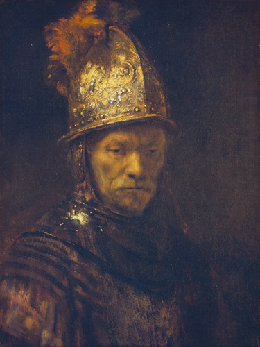 Rijn van Rembrandt, Der Mann mit dem Goldhelm (Mann, Helm, Goldhelm, Portrait, Gesicht, Rüstung, Malerei, Barock, Wohnzimmer, Treppenhaus, bunt)