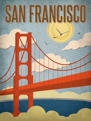 Renee Pulve, San Francisco (Plakatkunst, Golden Gate Brücke, USA, Nostalgie, plakativ, Jugendzimmer, Treppenhaus, Wohnzimmer, Städte, Wunschgröße)