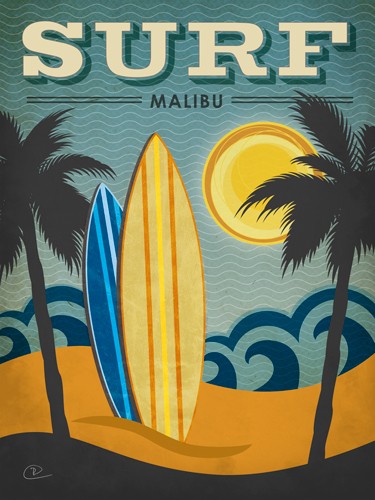 Renee Pulve, Surf Malibu (Plakatkunst, Werbung, Wassersport, Surfen,  Surfbretter, Palmen, Urlaub, Nostalgie, plakativ, Jugendzimmer, Treppenhaus, Wohnzimmer,  Wunschgröße)