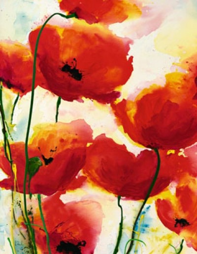 Heidi Reil, Roter Mohn (Blumen, Mohnblumen, Mohnblüten, Floral, Aquarell, transparent, zart, Treppenhaus, Wohnzimmer, bunt)